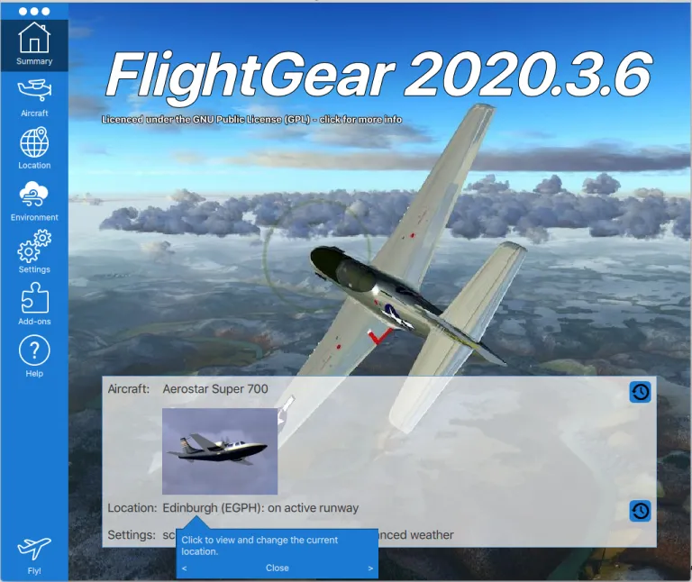 FlightGear 2020.3.6 launcher, with a getting started tip visible