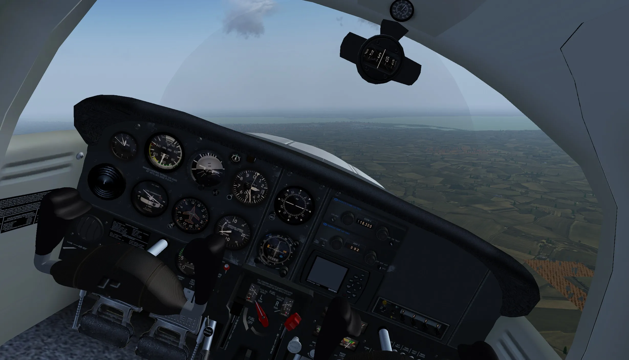Cockpit view from a Piper PA-38-112 "Tomahawk" in a 20-degree bank over the Netherlands.